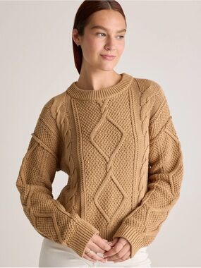 Quince 100% Organic Cotton Cropped Cable Crew Sweater, Camel, Size Large, NWT